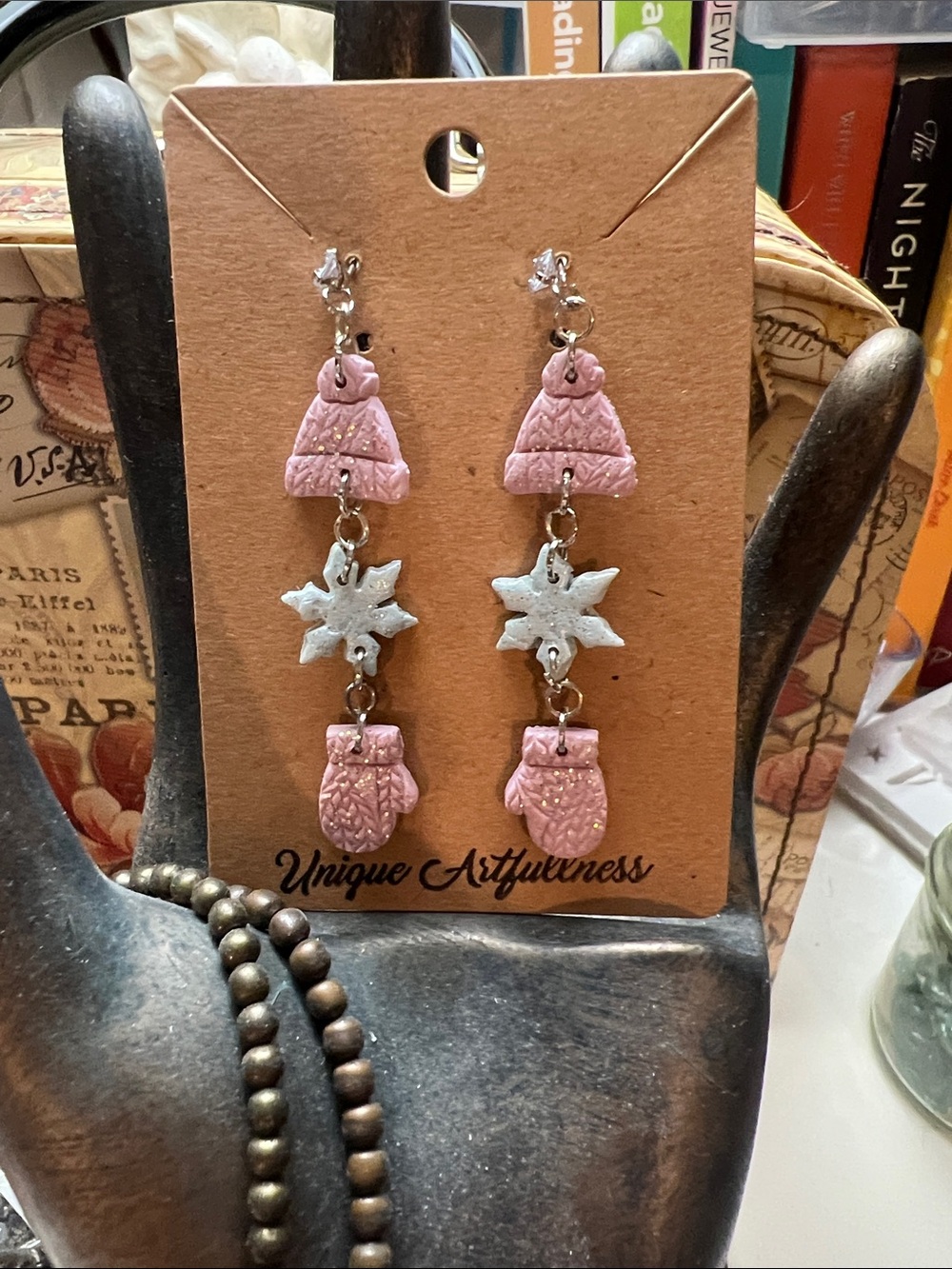 Hand Crafted Pink Mitten & Star Dangle Earrings